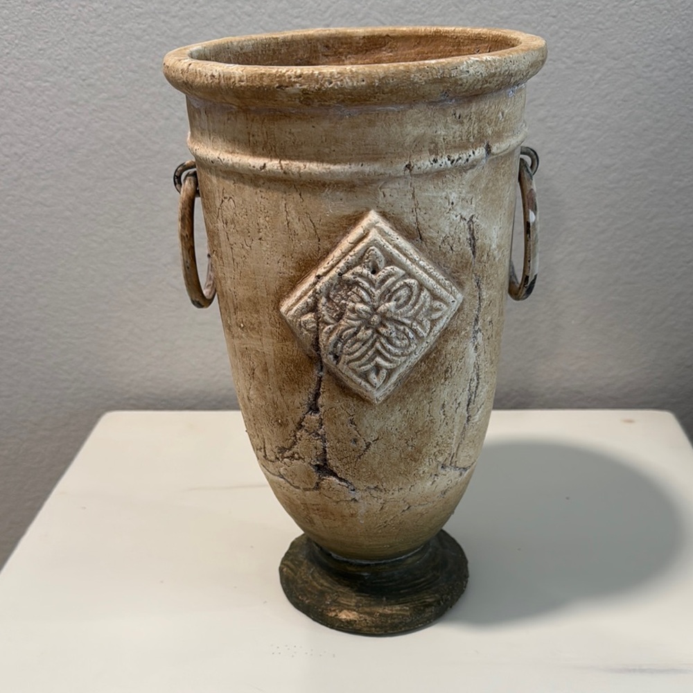 LARGE Stone-Look Urn Vase with Handles - Beige